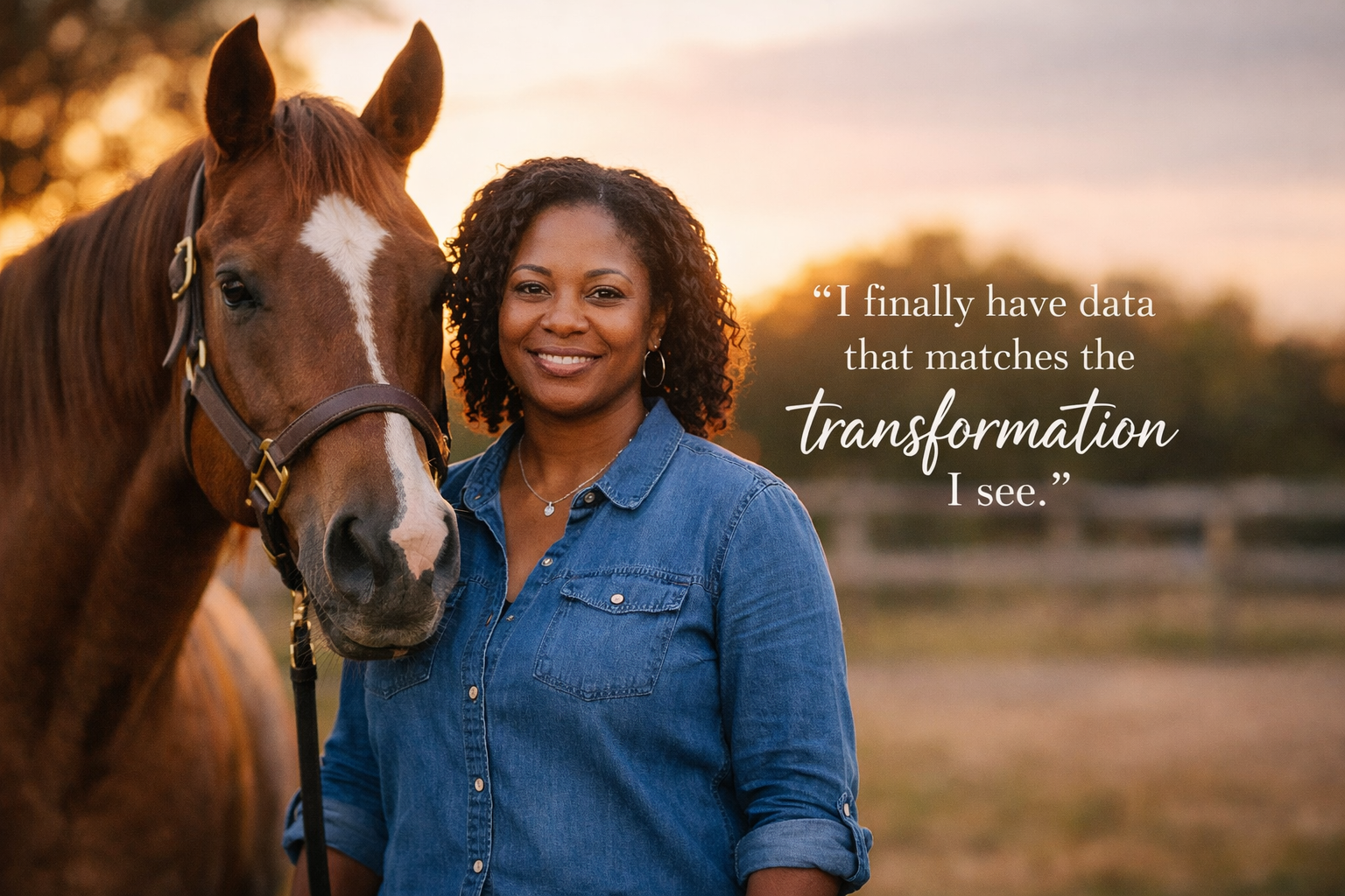 An EAS practitioner standing with her horse at sunset beside the quote: I finally have data that matches the transformation I see.
