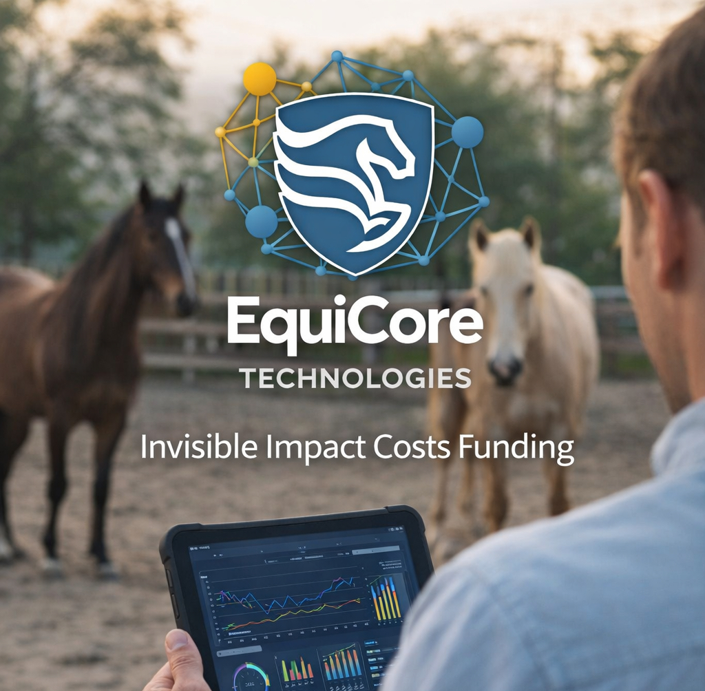 A practitioner reviewing EquiCore outcome dashboards on a tablet in a paddock with horses — invisible impact costs funding