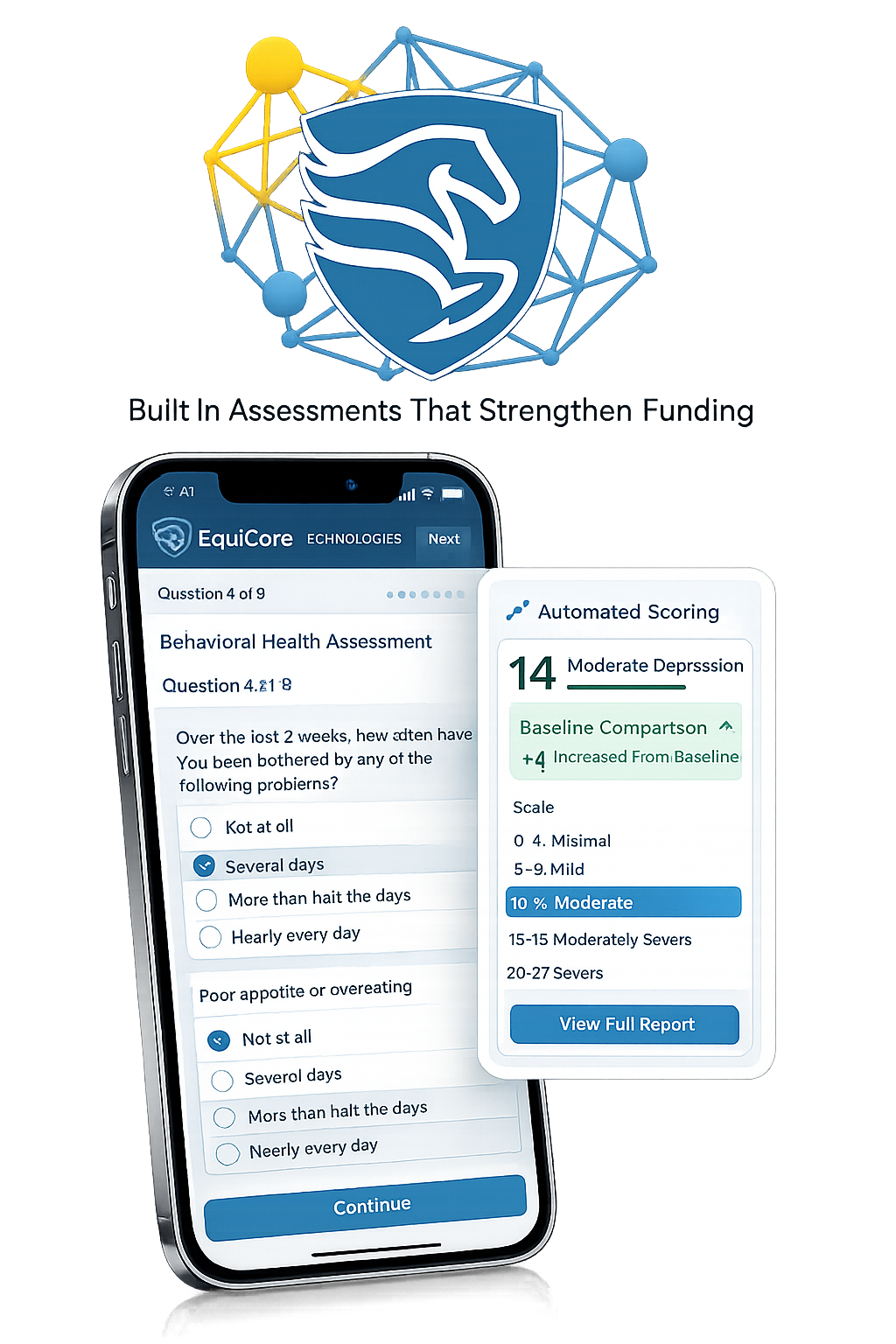 EquiCore behavioral health assessment on a phone with automated scoring and baseline comparison