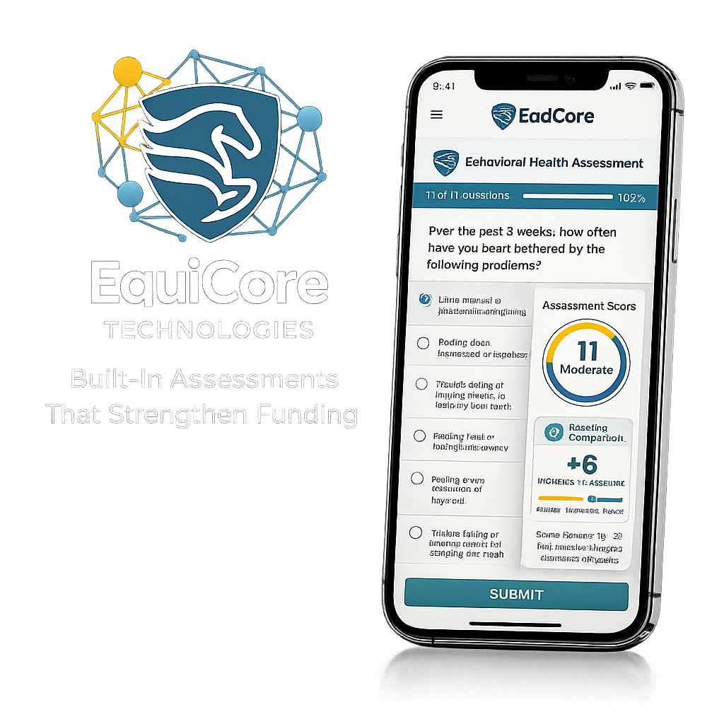 EquiCore built-in behavioral health assessments shown on a mobile device